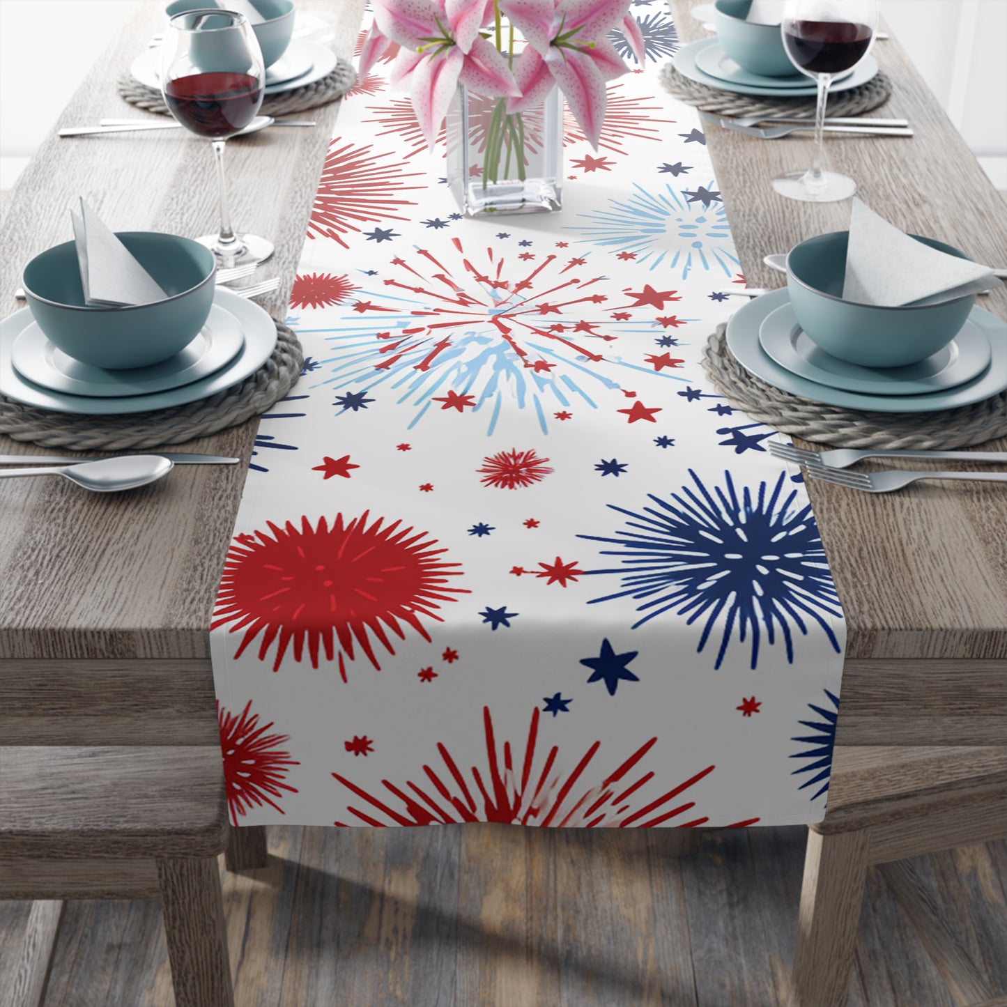 Patriotic Fireworks Table Runner — Red White Blue Celebration Decor
