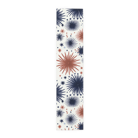 Patriotic Fireworks Table Runner – Red & Navy Starburst Holiday Decor