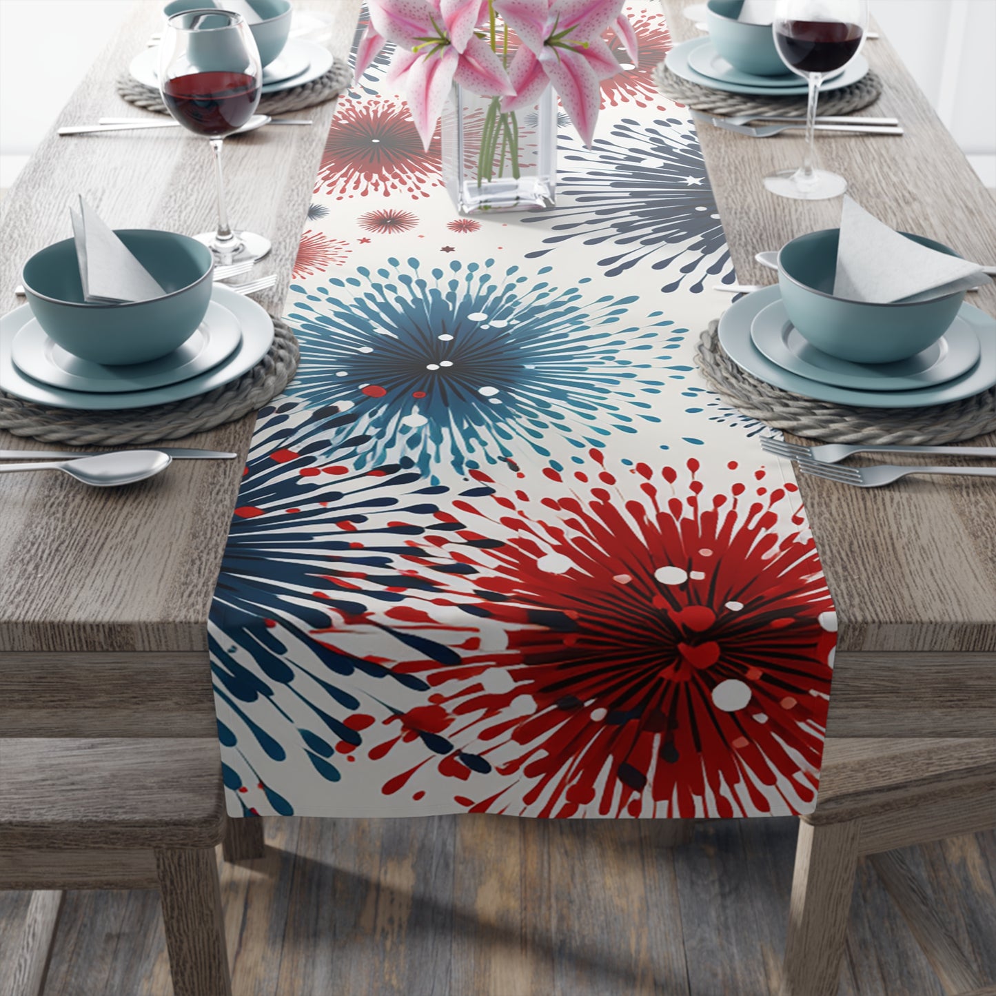 Firework Burst Table Runner — Blue & Rust Floral Celebration Decor