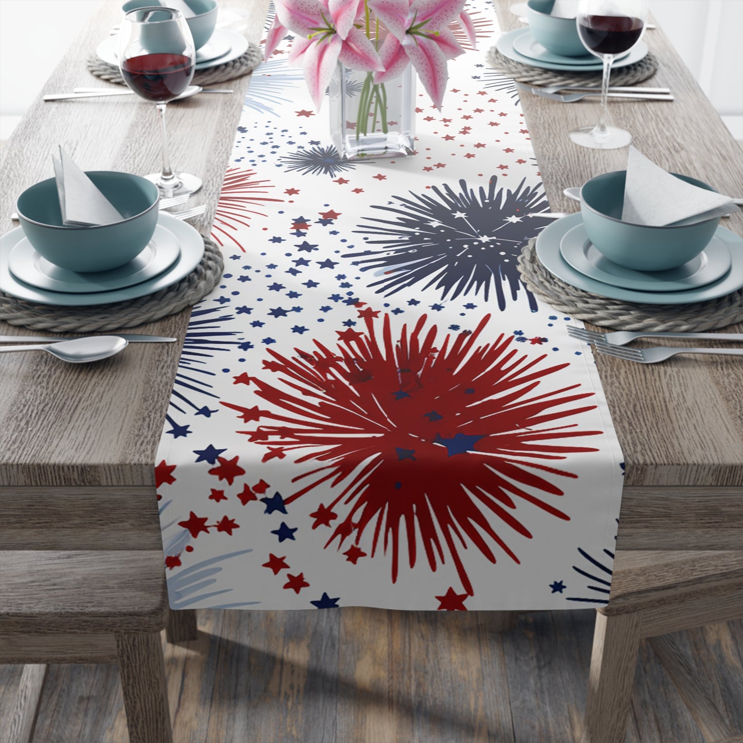 Patriotic Fireworks Table Runner — Red, White & Blue Starburst Holiday Decor