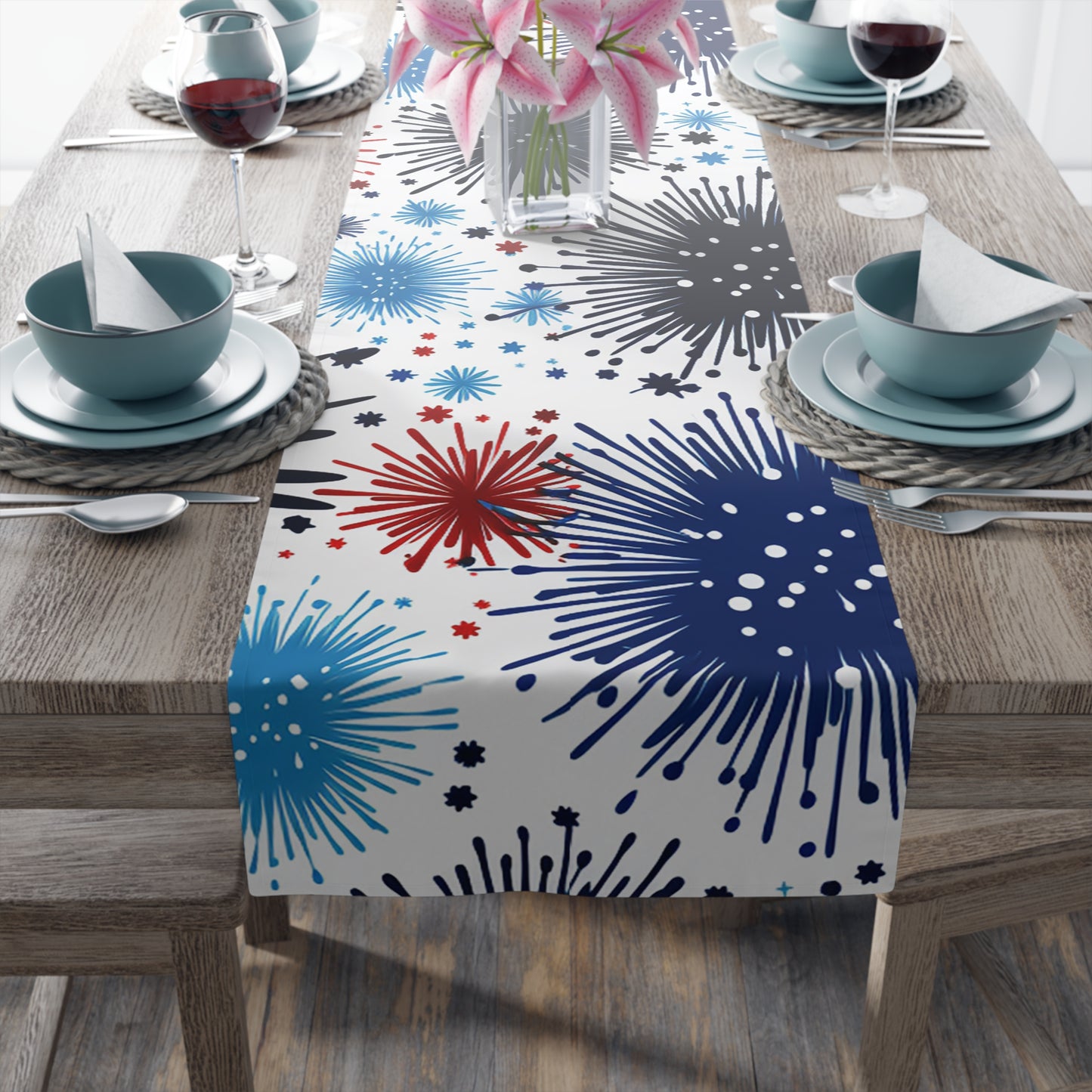 Firework Floral Table Runner — Navy & Copper Cotton-Blend Dining Decor