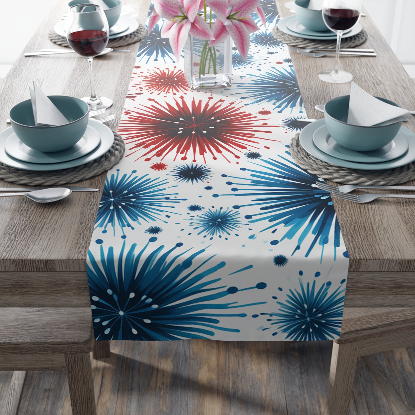 Starburst Fireworks Table Runner — Patriotic Red & Blue Holiday Table Decor