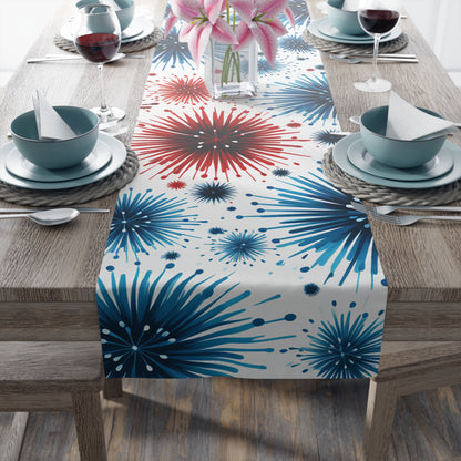 Starburst Fireworks Table Runner — Patriotic Red & Blue Holiday Table Decor