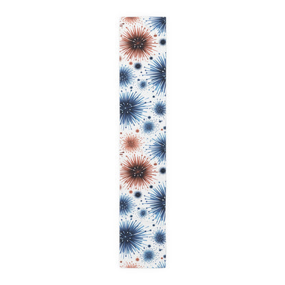 Starburst Fireworks Table Runner — Patriotic Red & Blue Holiday Table Decor