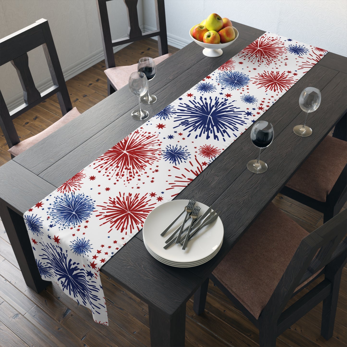 Patriotic Fireworks Table Runner — Red, White & Blue Festival Decor