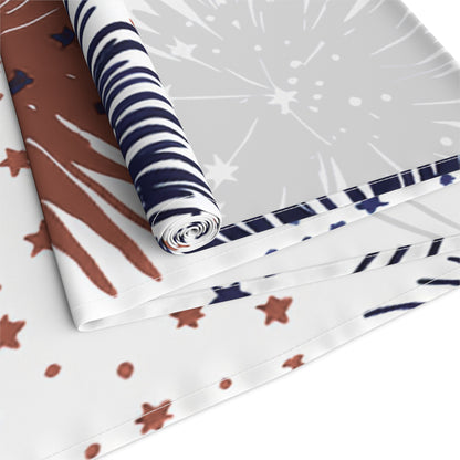 Patriotic Fireworks Table Runner — Red, White & Blue Starburst Holiday Decor