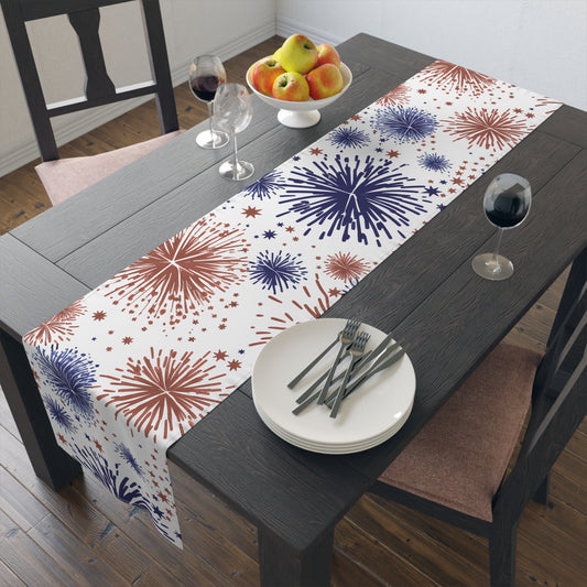 Patriotic Fireworks Table Runner — Red, White & Blue Festival Decor