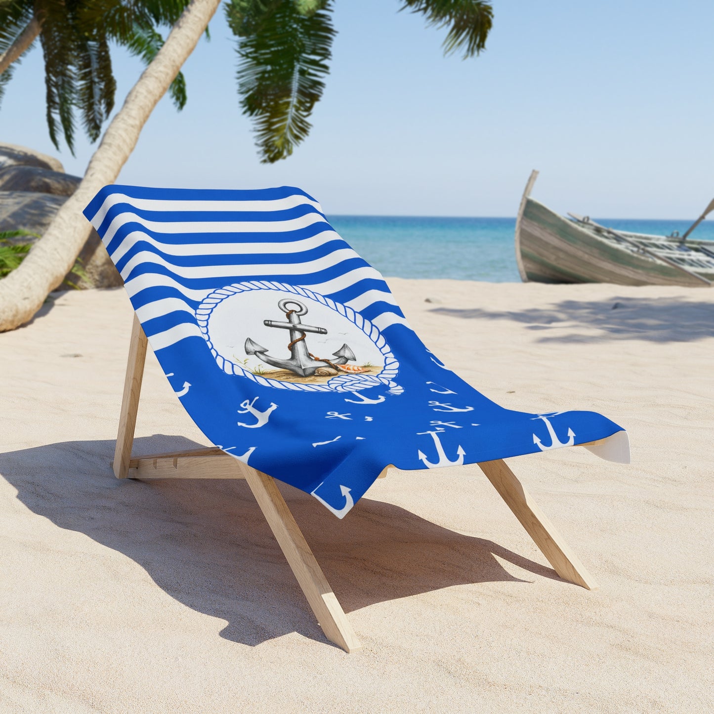 Nautical Anchor Beach Towel – Blue Stripes & Anchor Print
