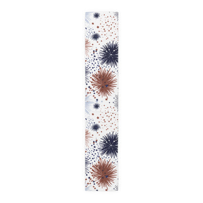 Patriotic Fireworks Table Runner — Red, White & Blue Starburst Holiday Decor
