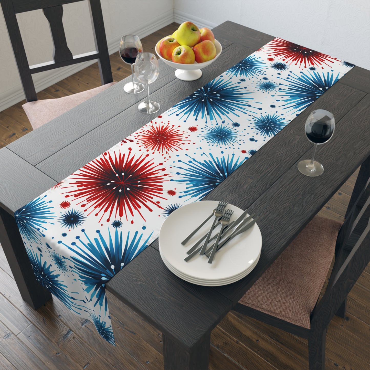 Starburst Fireworks Table Runner — Patriotic Red & Blue Holiday Table Decor