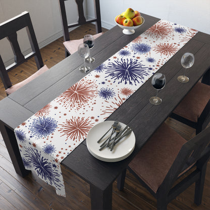 Patriotic Fireworks Table Runner — Red, White & Blue Festival Decor