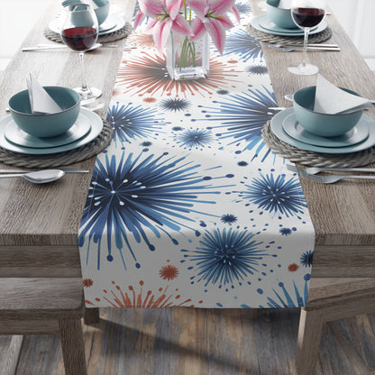 Starburst Fireworks Table Runner — Patriotic Red & Blue Holiday Table Decor