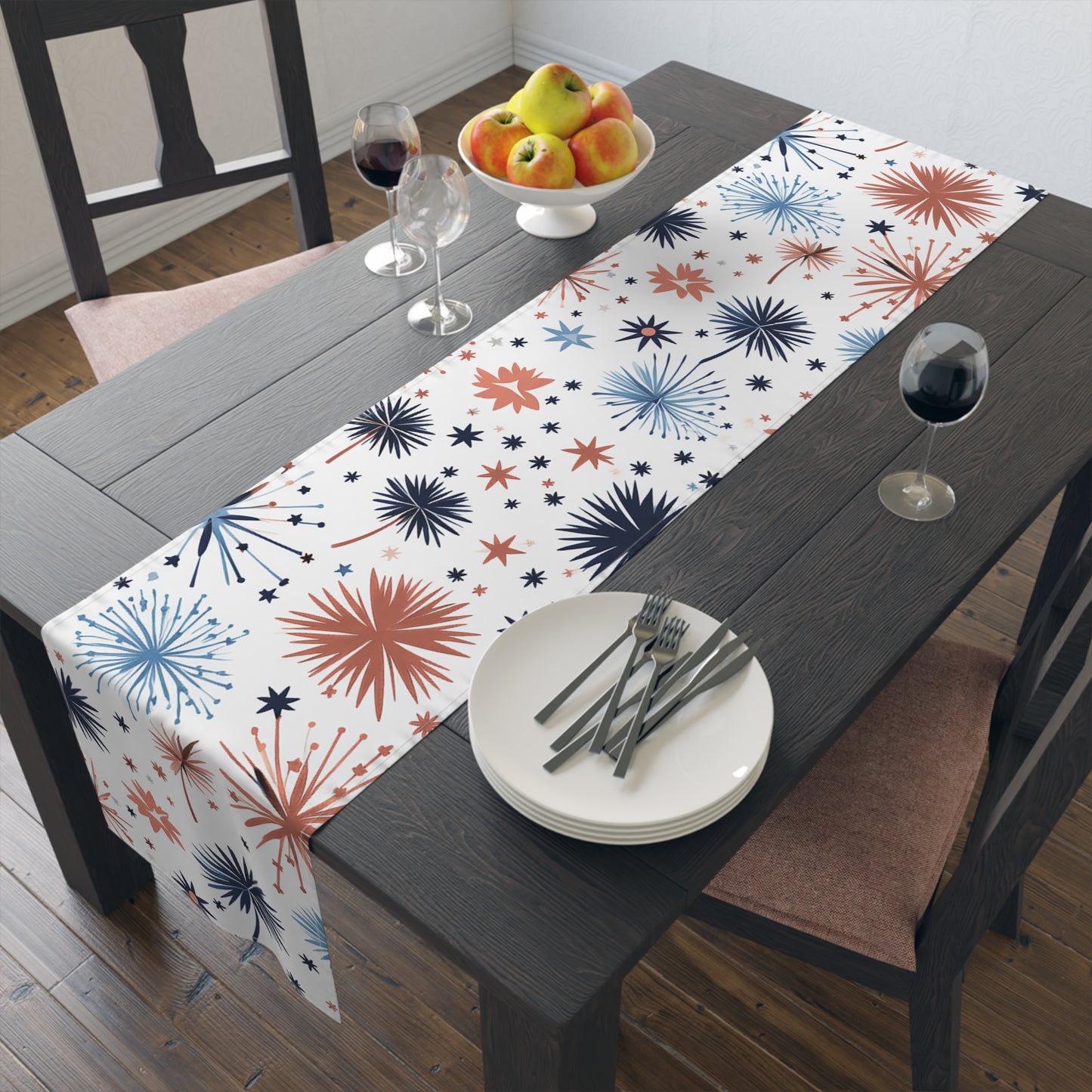 Starburst Holiday Table Runner — Blue & Copper Firework Pattern