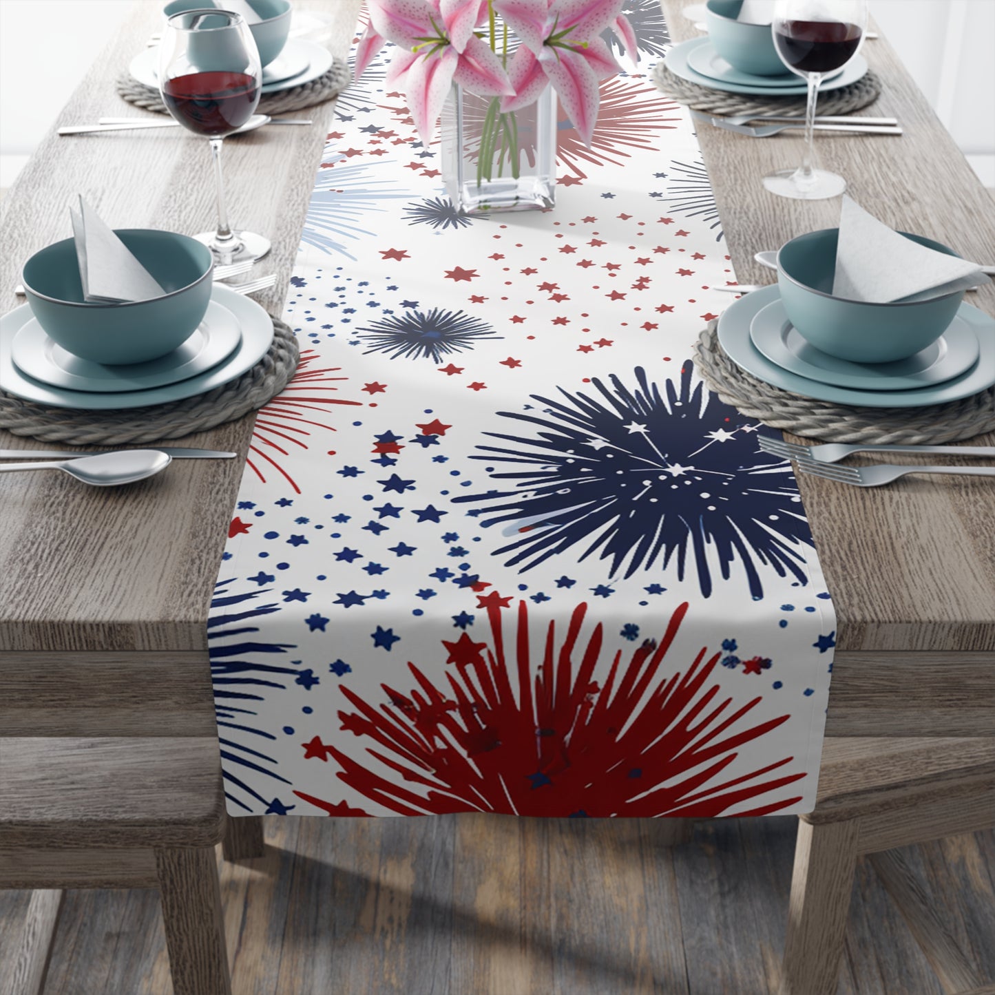 Patriotic Fireworks Table Runner — Red, White & Blue Starburst Holiday Decor