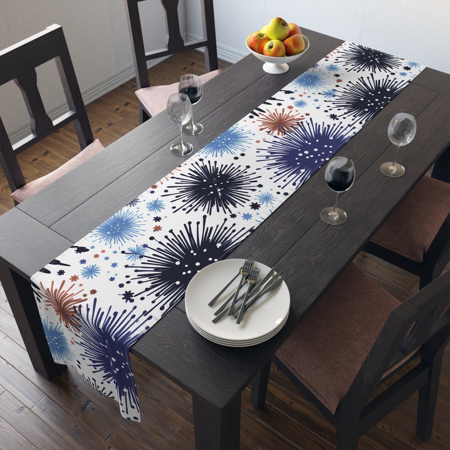 Firework Floral Table Runner — Navy & Copper Cotton-Blend Dining Decor
