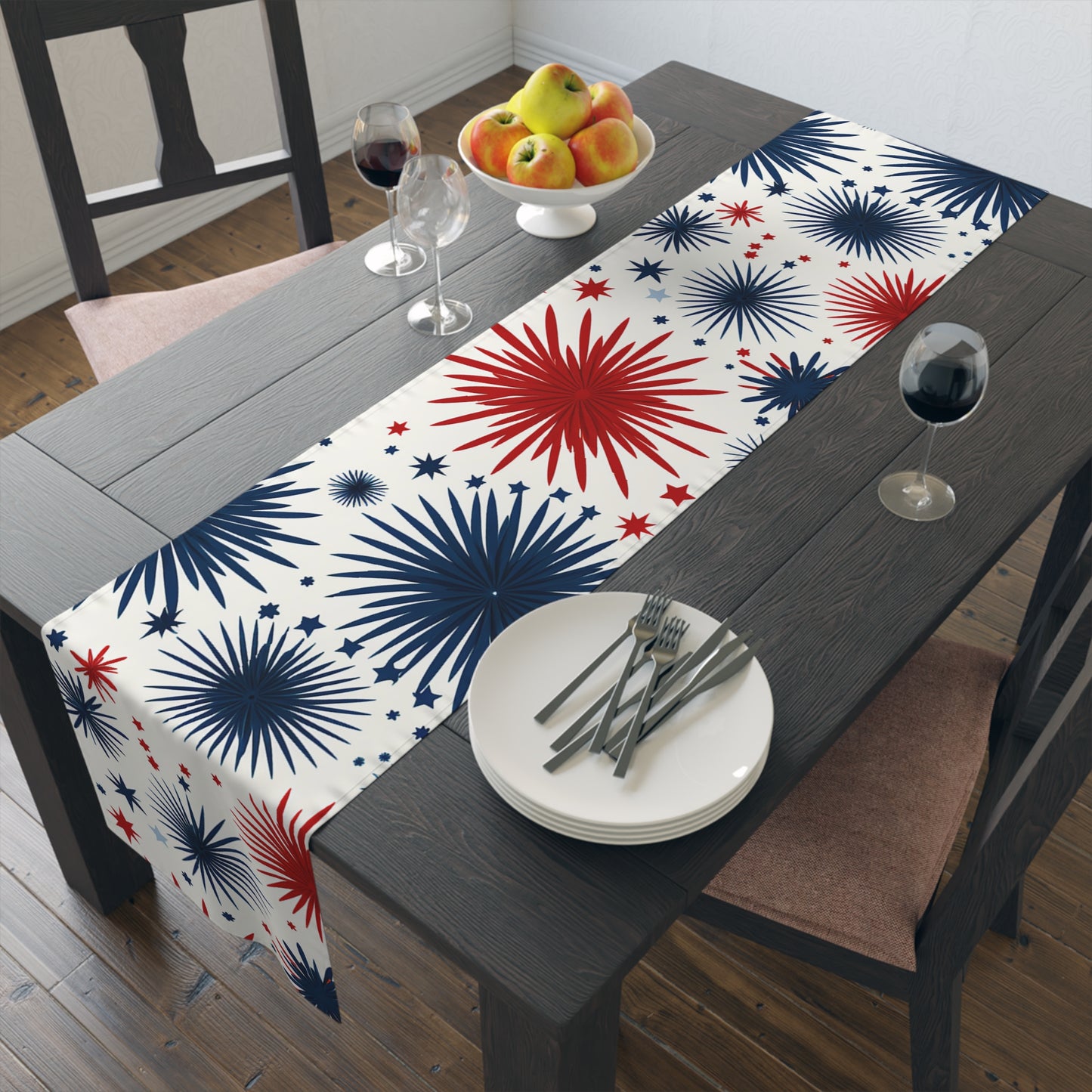 Patriotic Fireworks Table Runner – Red & Navy Starburst Holiday Decor