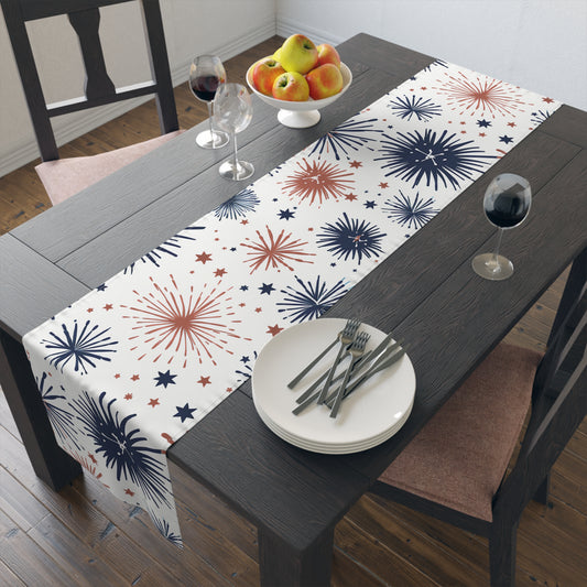 Firework Pattern Table Runner - Patriotic Red & Navy Cotton Blend