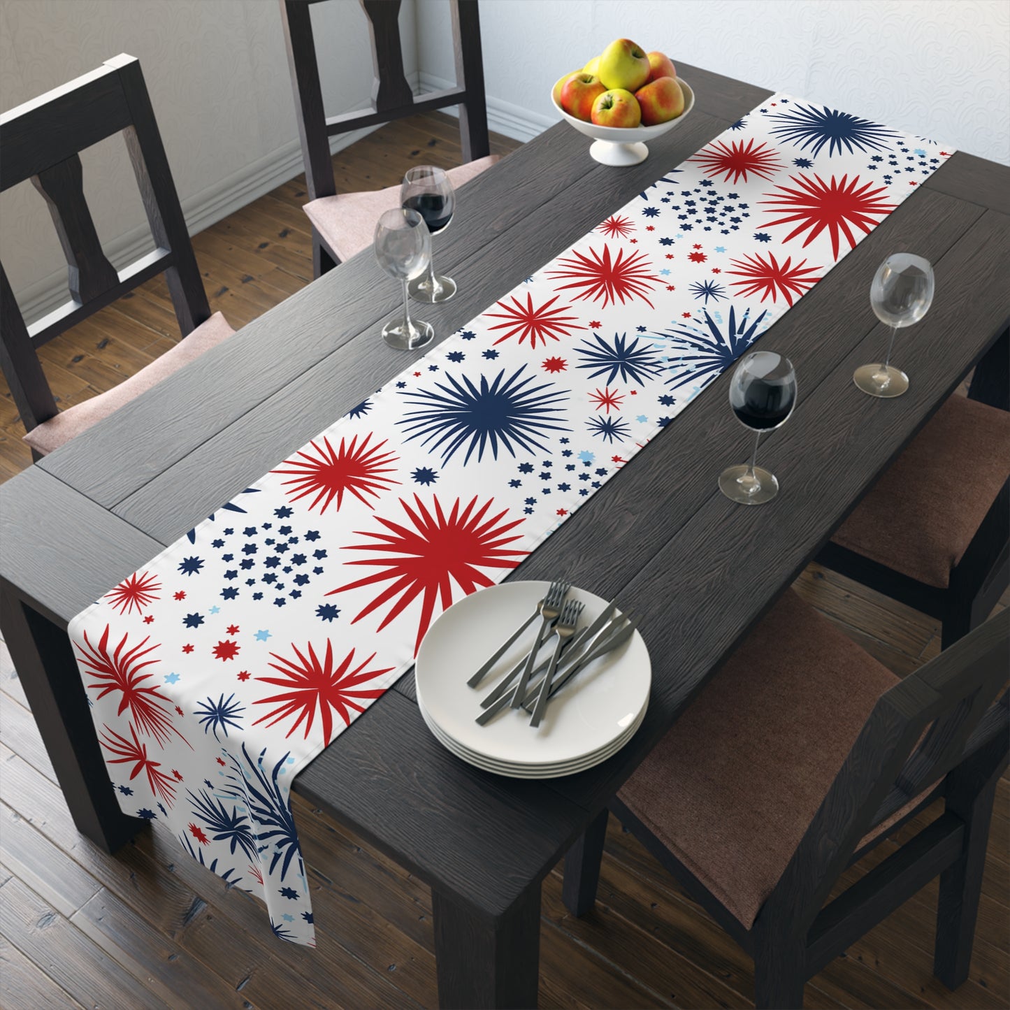 Patriotic Fireworks Table Runner – Red & Navy Starburst Cotton-Blend Decor