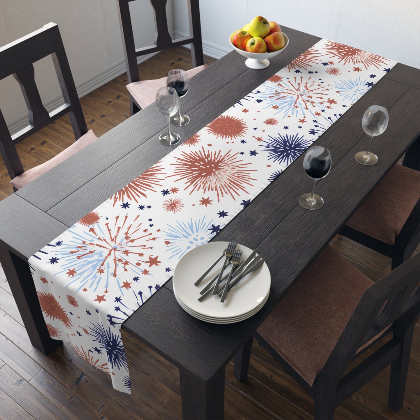 Patriotic Fireworks Table Runner — Red White Blue Celebration Decor