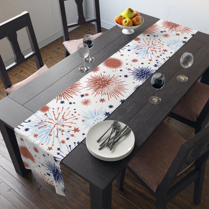 Patriotic Fireworks Table Runner — Red White Blue Celebration Decor