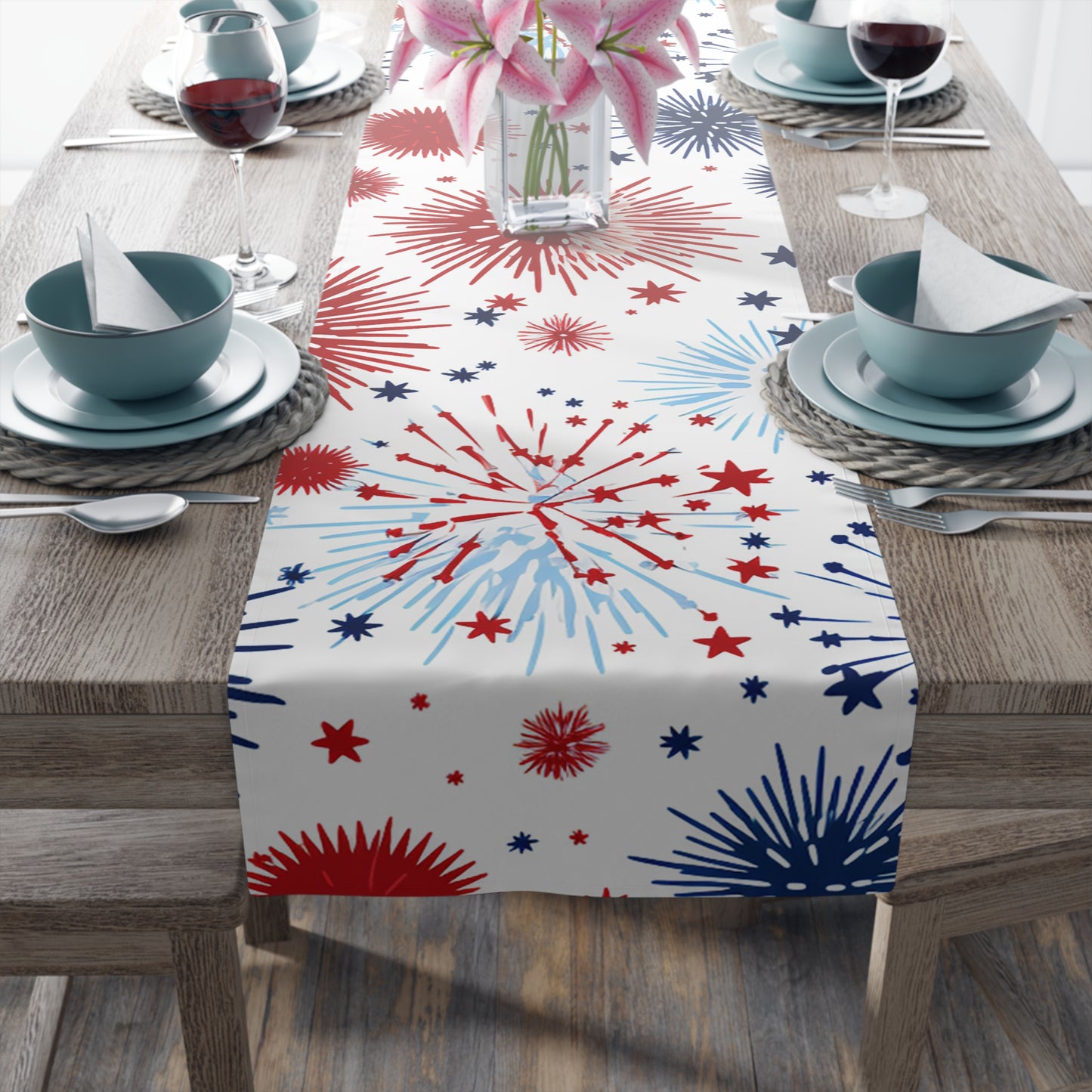 Patriotic Fireworks Table Runner — Red White Blue Celebration Decor