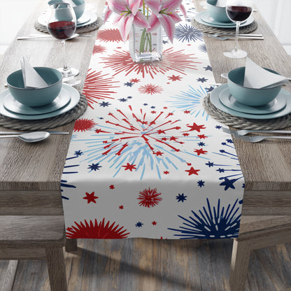 Patriotic Fireworks Table Runner — Red White Blue Celebration Decor