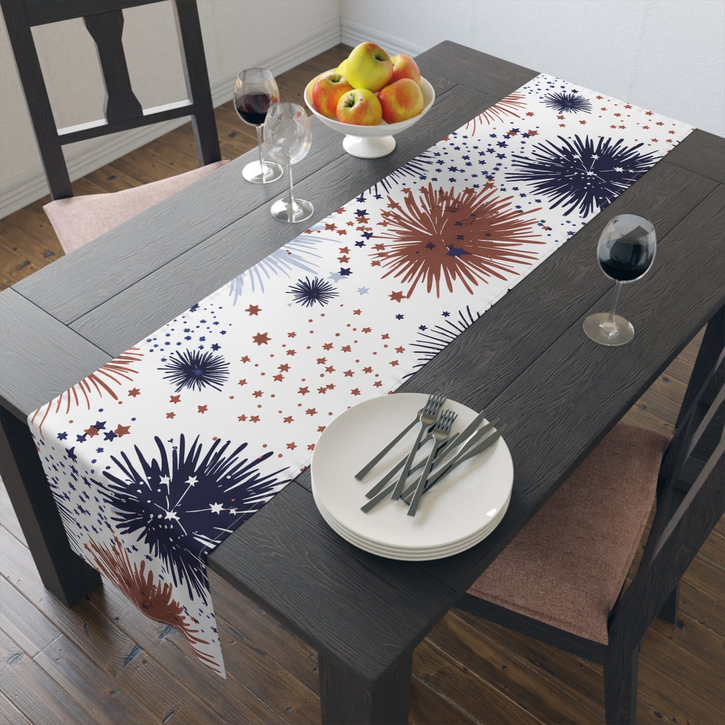 Patriotic Fireworks Table Runner — Red, White & Blue Starburst Holiday Decor
