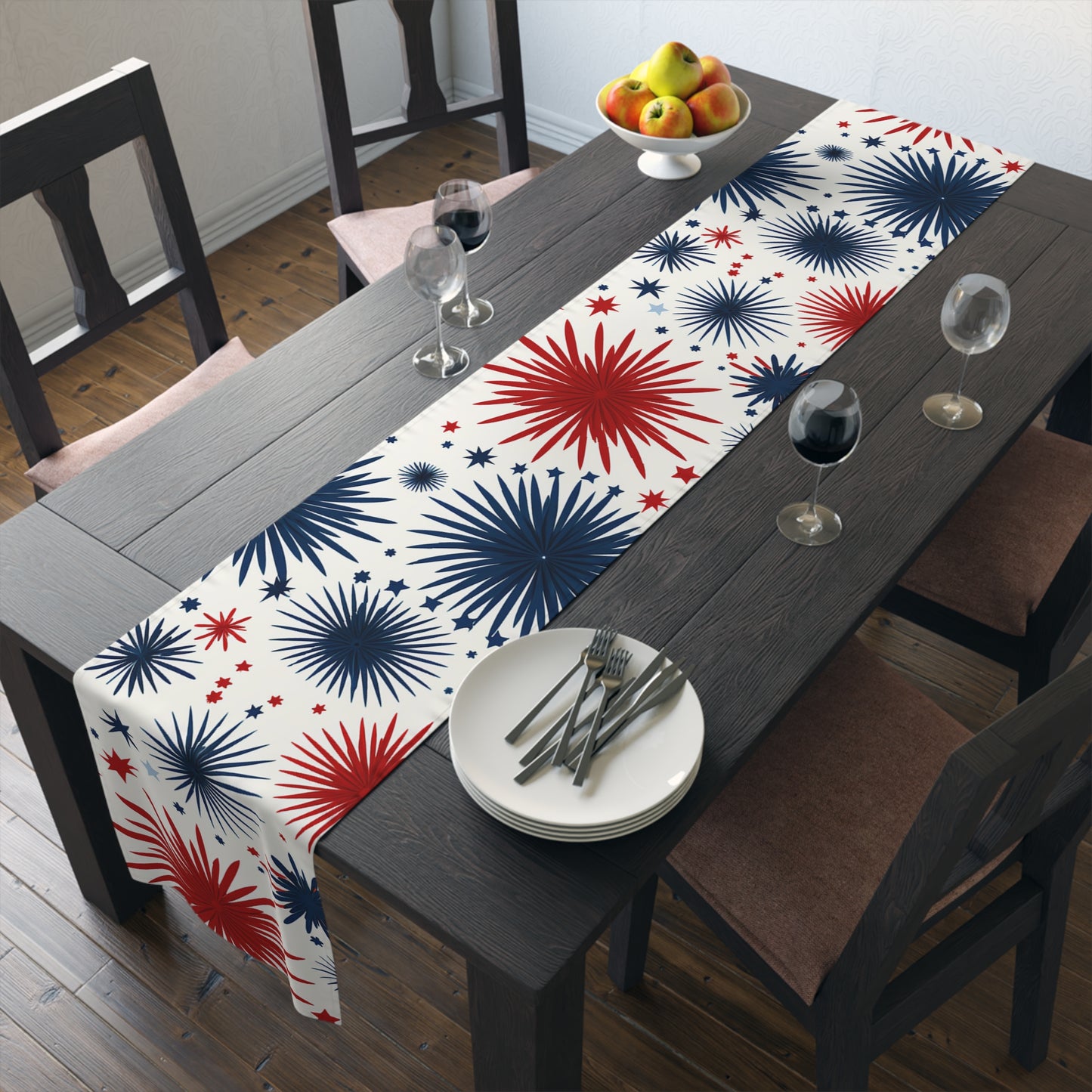 Patriotic Fireworks Table Runner – Red & Navy Starburst Holiday Decor