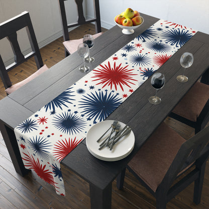 Patriotic Fireworks Table Runner – Red & Navy Starburst Holiday Decor