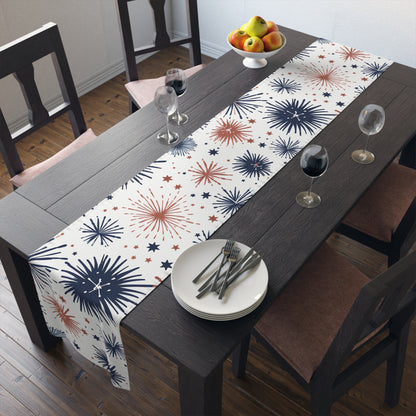 Firework Pattern Table Runner - Patriotic Red & Navy Cotton Blend