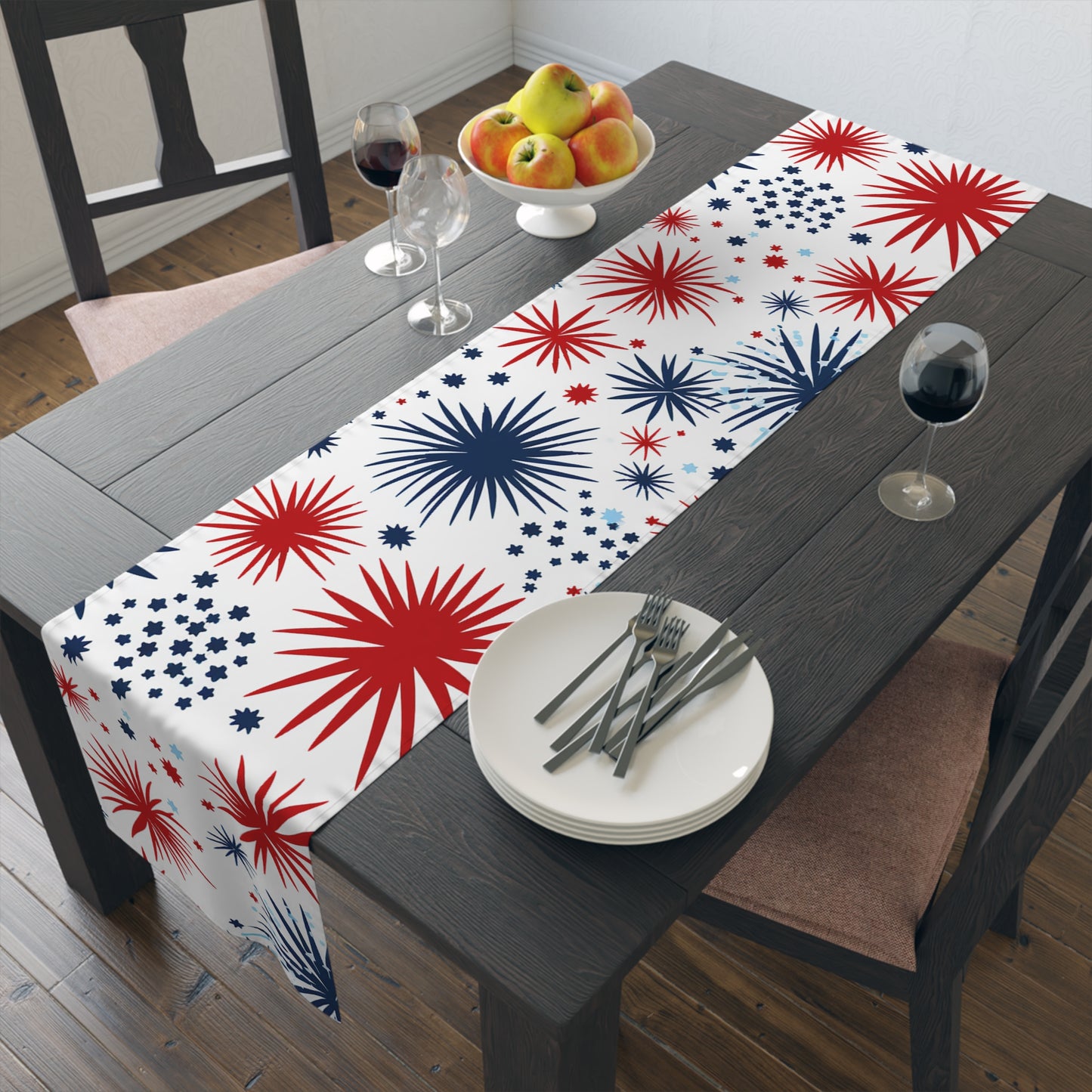 Patriotic Fireworks Table Runner – Red & Navy Starburst Cotton-Blend Decor