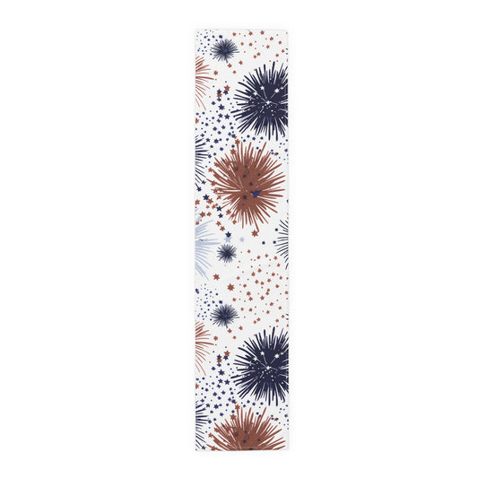 Patriotic Fireworks Table Runner — Red, White & Blue Starburst Holiday Decor