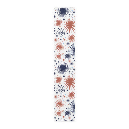 Patriotic Fireworks Table Runner – Red & Navy Starburst Cotton-Blend Decor