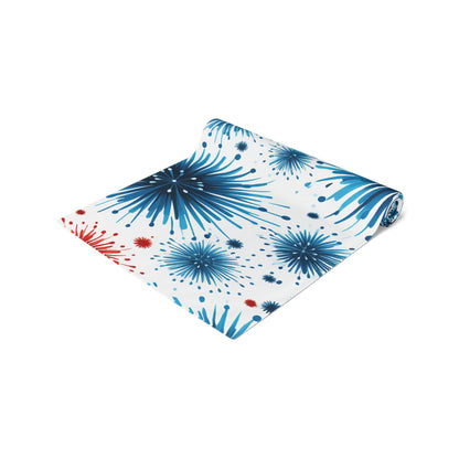 Starburst Fireworks Table Runner — Patriotic Red & Blue Holiday Table Decor
