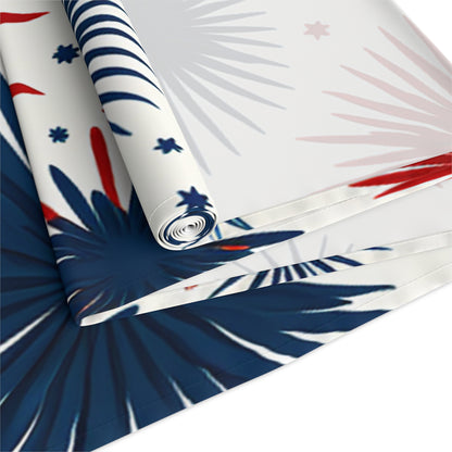 Patriotic Fireworks Table Runner – Red & Navy Starburst Holiday Decor