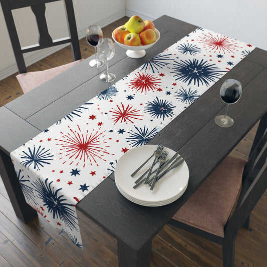 Firework Pattern Table Runner - Patriotic Red & Navy Cotton Blend
