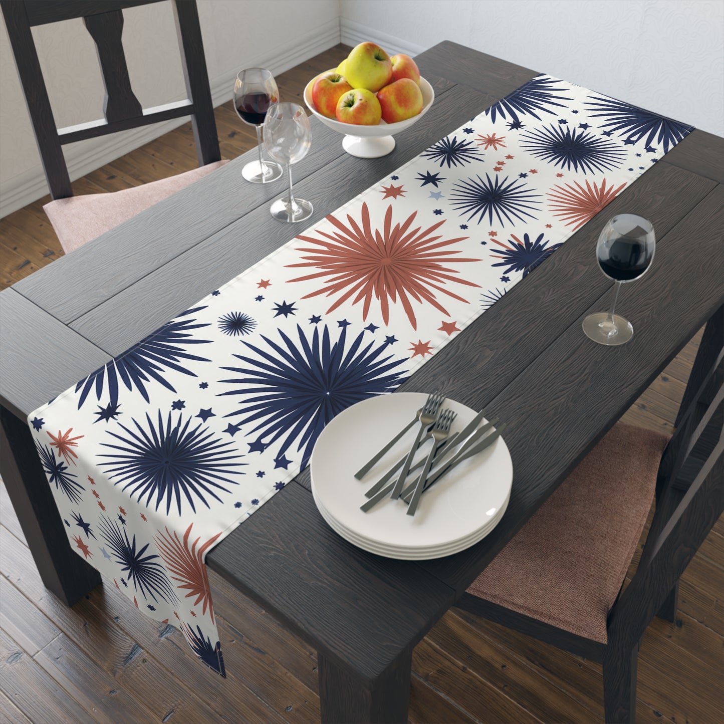 Patriotic Fireworks Table Runner – Red & Navy Starburst Holiday Decor