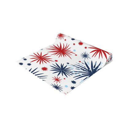 Patriotic Fireworks Table Runner – Red & Navy Starburst Cotton-Blend Decor