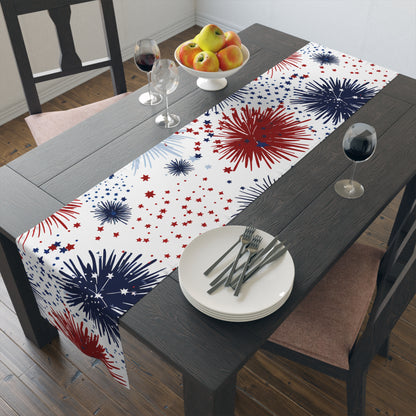 Patriotic Fireworks Table Runner — Red, White & Blue Starburst Holiday Decor