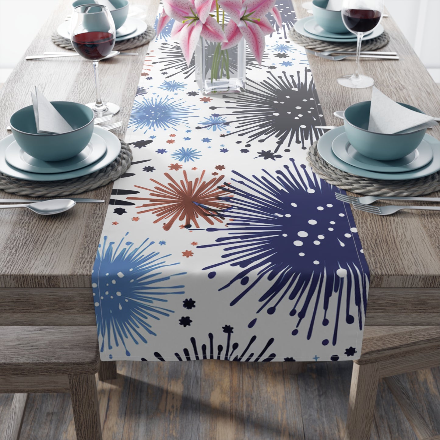 Firework Floral Table Runner — Navy & Copper Cotton-Blend Dining Decor