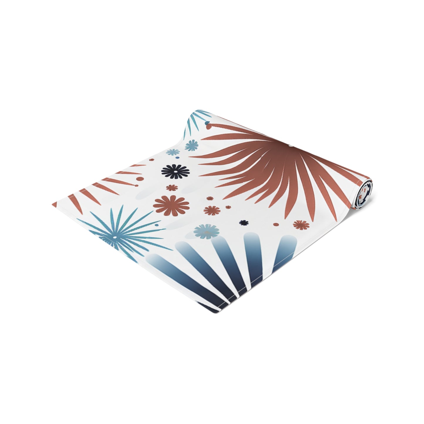 Starburst Floral Table Runner — Blue & Terracotta Cotton-Poly Dining Decor