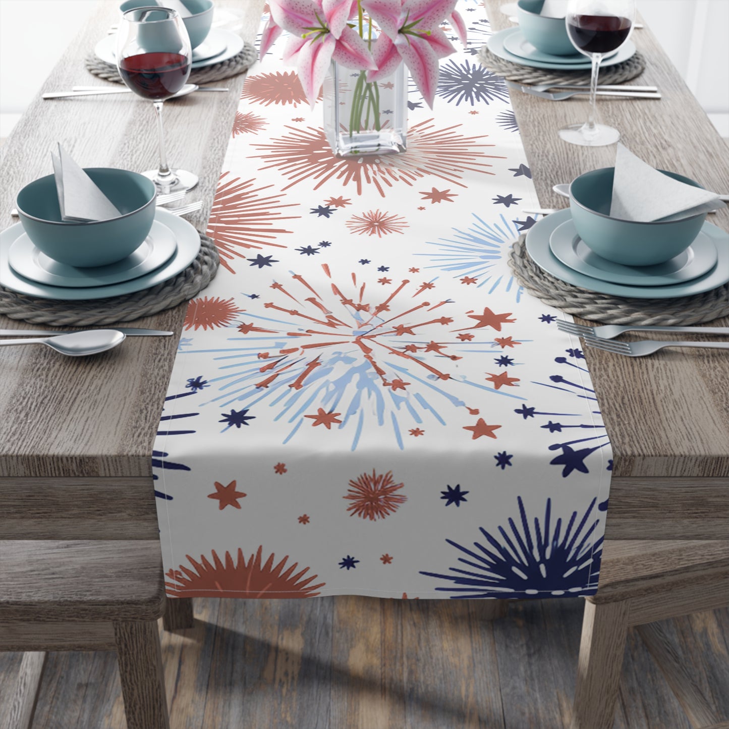 Patriotic Fireworks Table Runner — Red White Blue Celebration Decor
