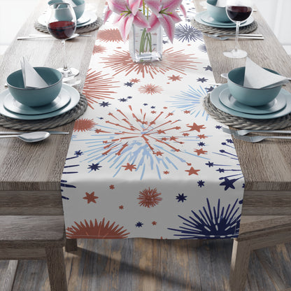 Patriotic Fireworks Table Runner — Red White Blue Celebration Decor