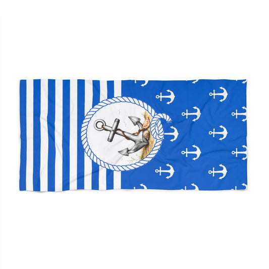 Nautical Anchor Beach Towel – Blue Stripes & Anchor Print