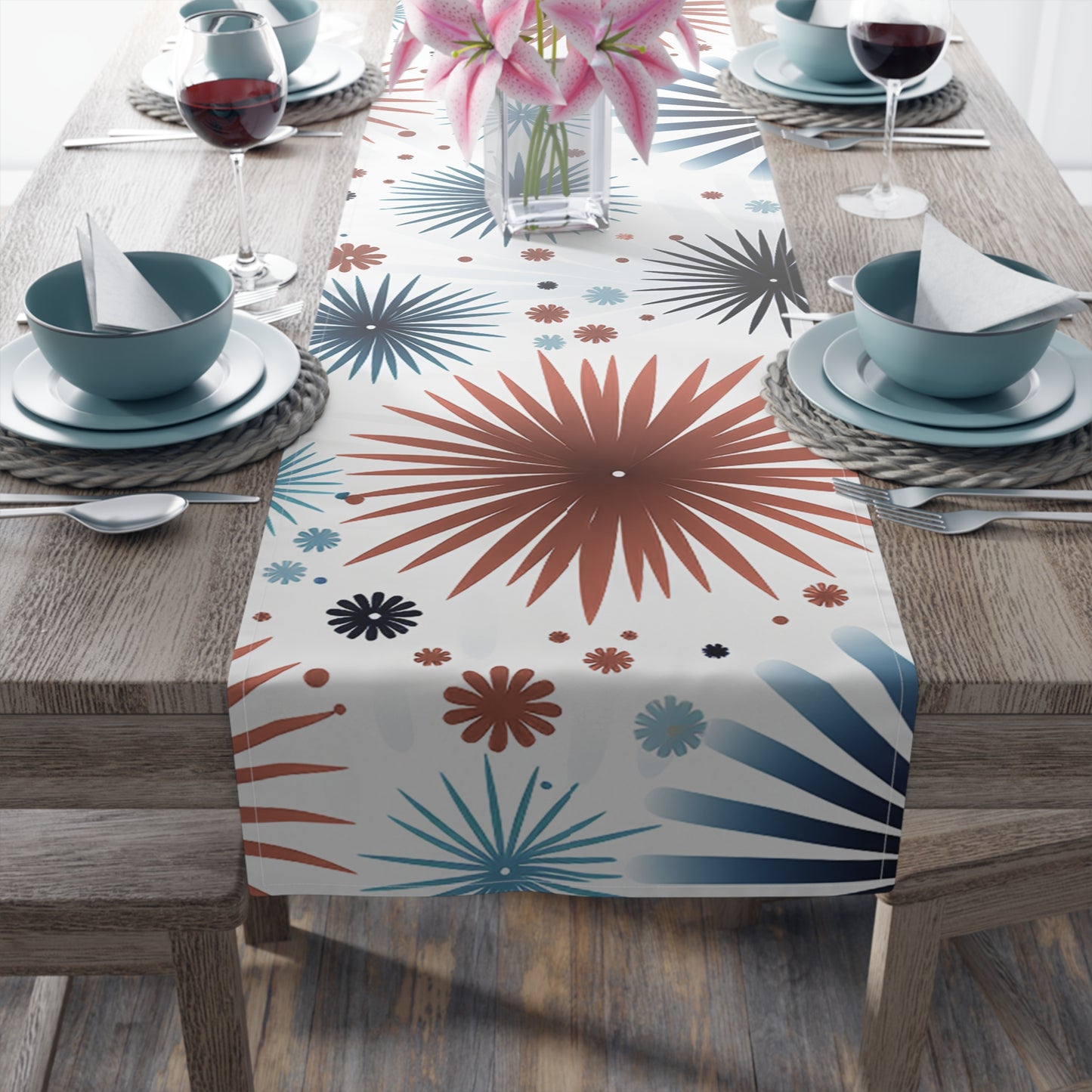 Starburst Floral Table Runner — Blue & Terracotta Cotton-Poly Dining Decor