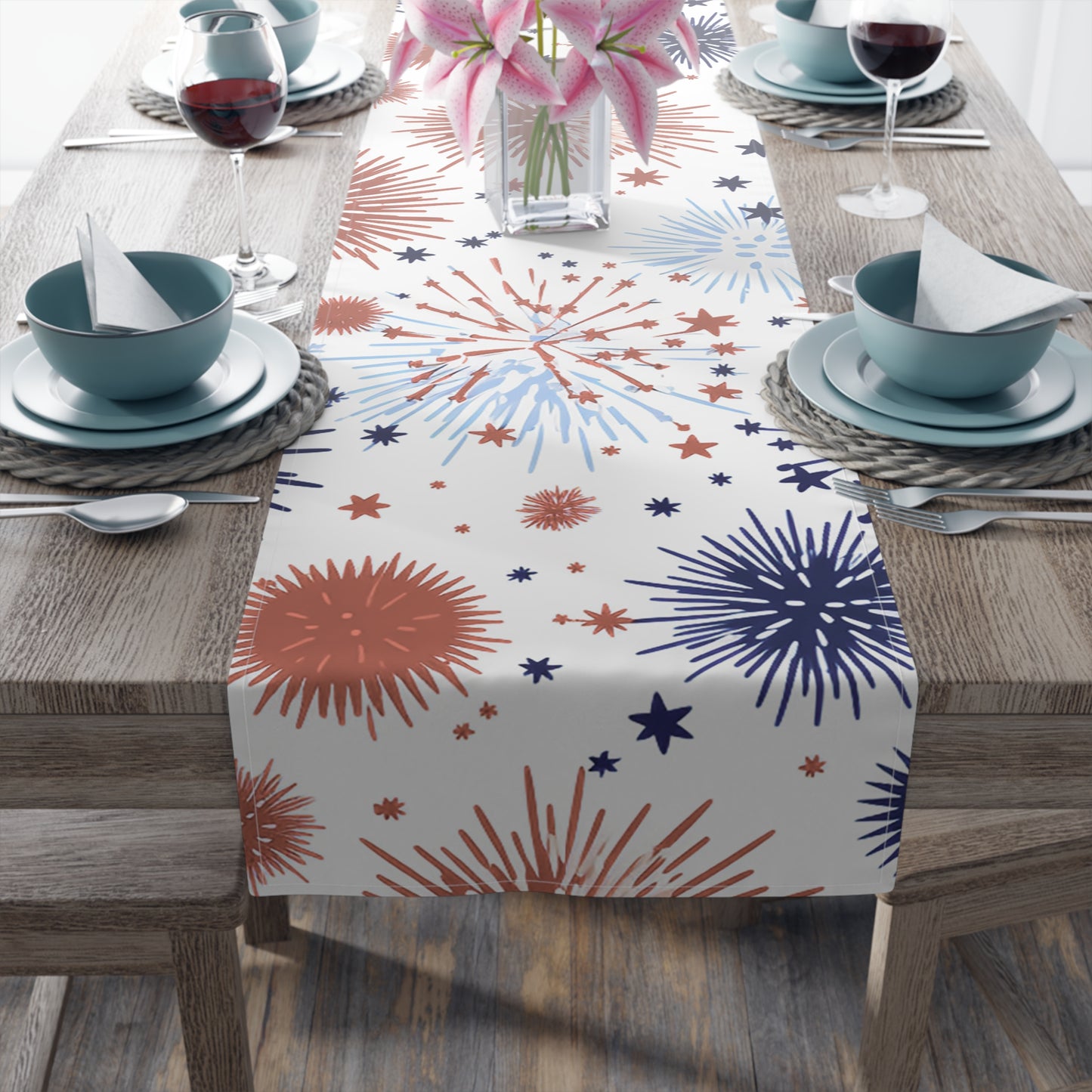 Patriotic Fireworks Table Runner — Red White Blue Celebration Decor