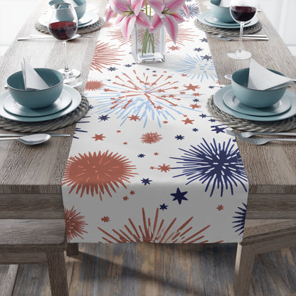 Patriotic Fireworks Table Runner — Red White Blue Celebration Decor