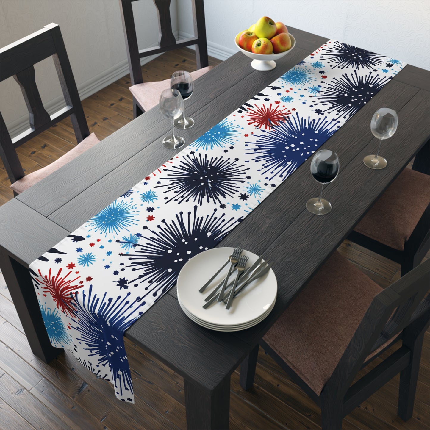 Firework Floral Table Runner — Navy & Copper Cotton-Blend Dining Decor
