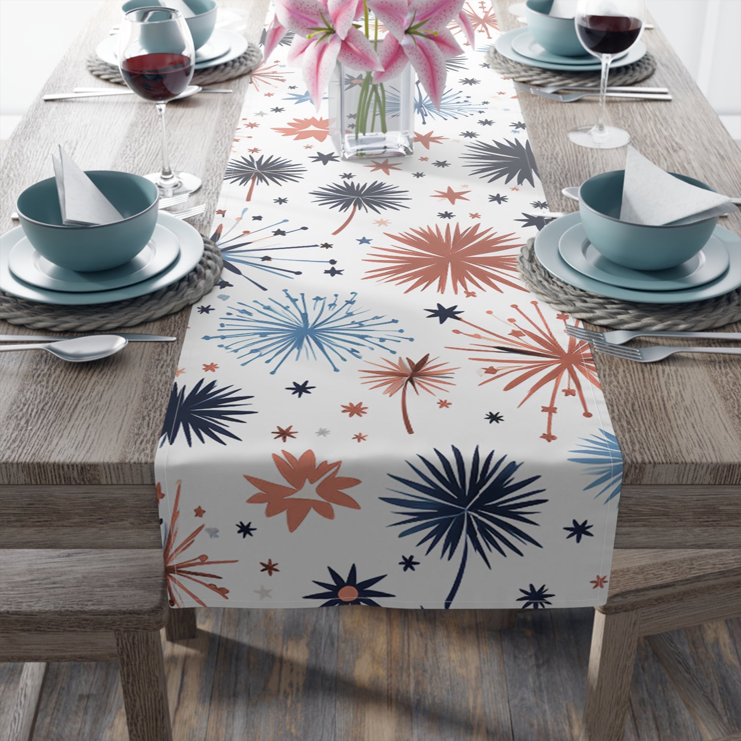 Starburst Holiday Table Runner — Blue & Copper Firework Pattern