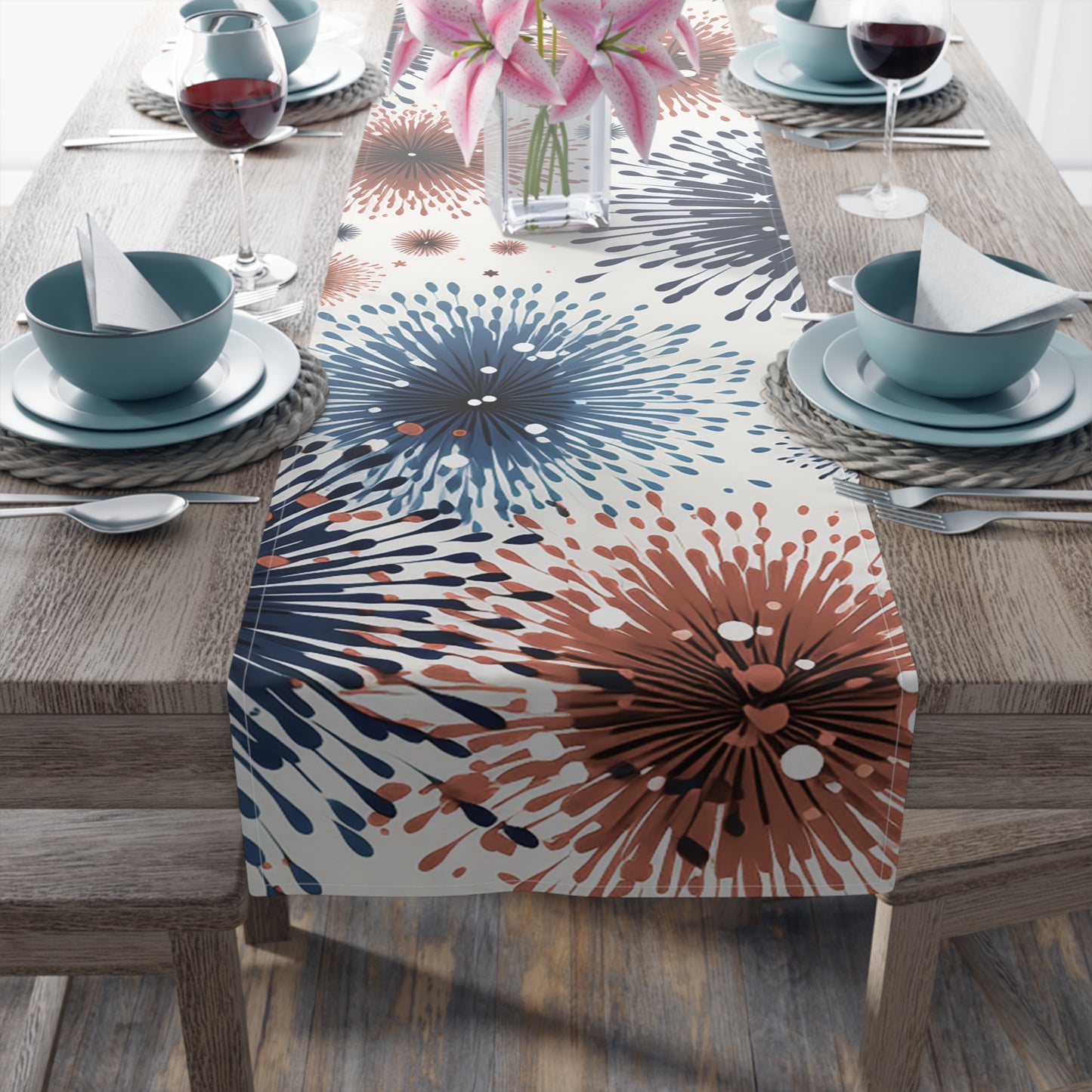 Firework Burst Table Runner — Blue & Rust Floral Celebration Decor